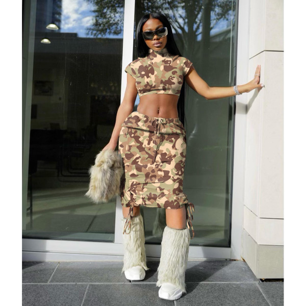 Pocket camouflage short-sleeved long skirt suit, solid color printing, high-elastic street two-piece set
