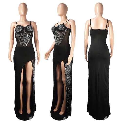 Hip wrap dress with suspender, high slit, hot diamond sexy nightclub dress