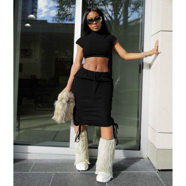 Pocket camouflage short-sleeved long skirt suit, solid color printing, high-elastic street two-piece set
