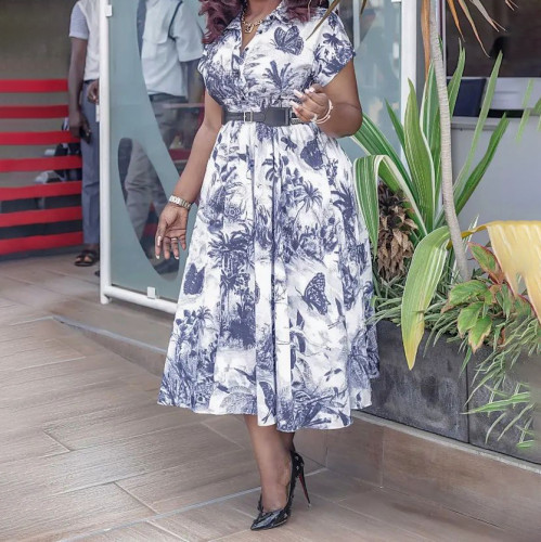 Button print short sleeve high waist large dress