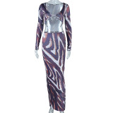 Printed sexy chest wrap top long-sleeved navel dress