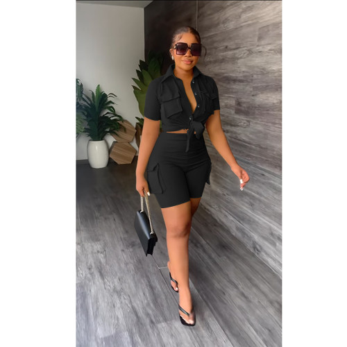 Shirt short sleeve shorts solid color two-piece set