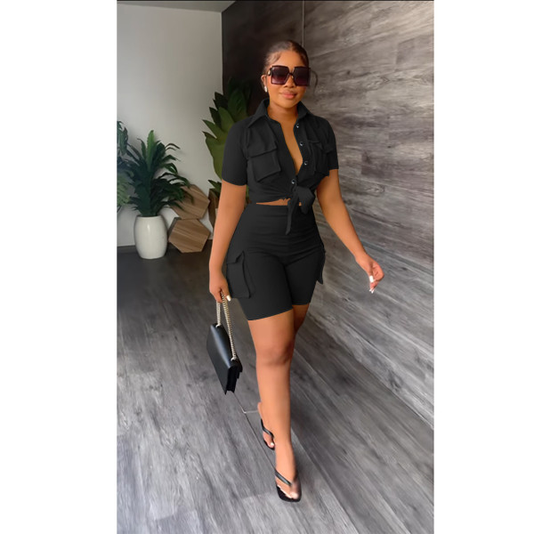 Shirt short sleeve shorts solid color two-piece set
