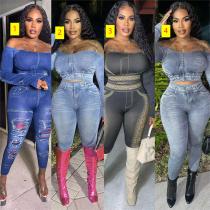 Fashion two-piece suit with imitation denim positioning printing Fashion two-piece suit with imitation denim positioning printing