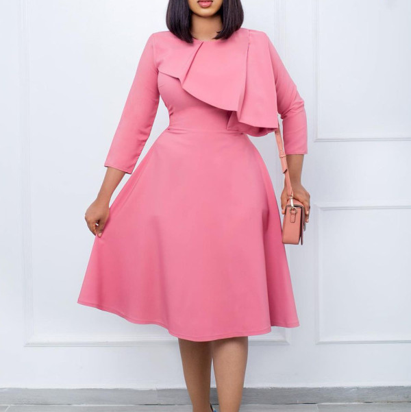 Solid color round-neck temperament swing dress