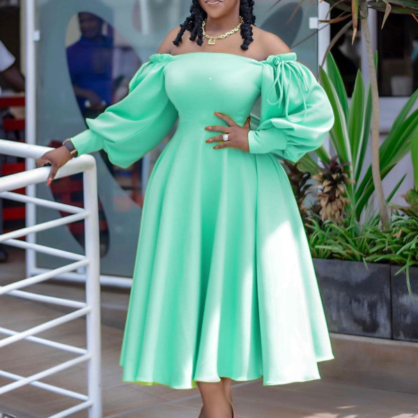 Solid color large skirt, off-the-shoulder waist, large size women's dress