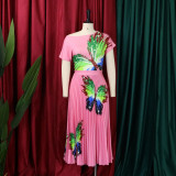 Printed top pleated large skirt skirt suit large two-piece set