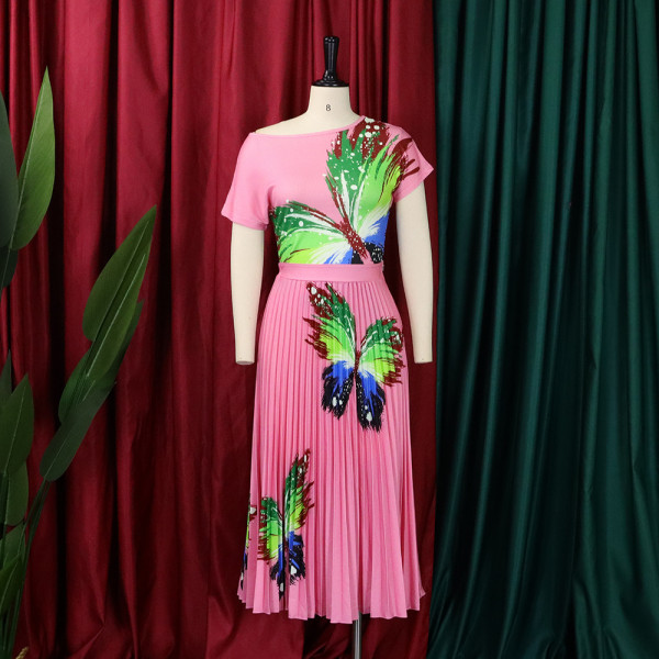 Printed top pleated large skirt skirt suit large two-piece set