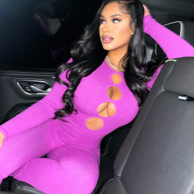 Hollow tight jumpsuit solid color pullover long-sleeved all-in-one pants leggings