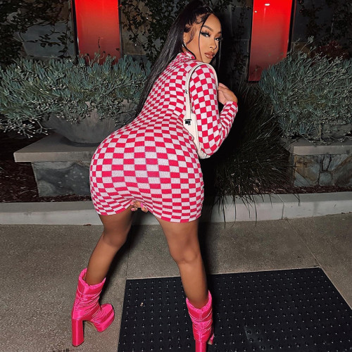 Long-sleeve pullover buttock skirt stand-up neck tight skirt plaid print dress
