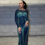 Fashion print sexy backless cut-out long-sleeved buttock dress