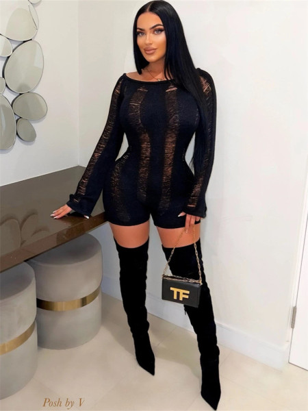 Fashion wool open-back long-sleeved slim sexy shorts jumpsuit