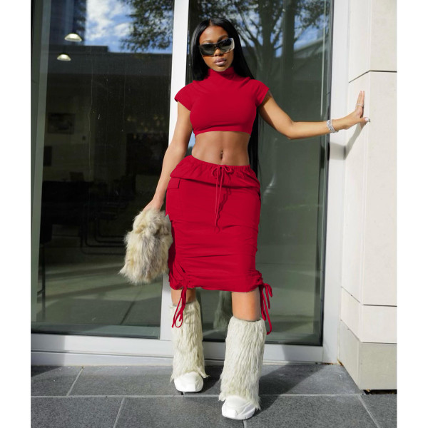 Pocket camouflage short-sleeved long skirt suit, solid color printing, high-elastic street two-piece set