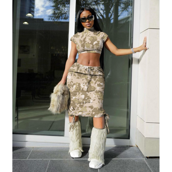 Pocket camouflage short-sleeved long skirt suit, solid color printing, high-elastic street two-piece set