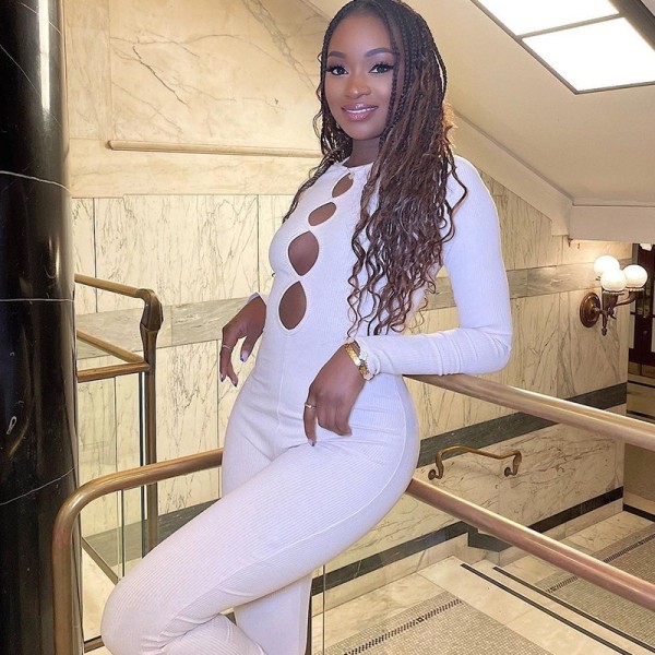 Hollow tight jumpsuit solid color pullover long-sleeved all-in-one pants leggings