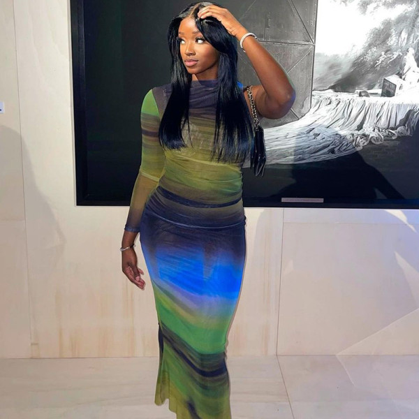 Long sleeve printed medium length pencil skirt pullover skirt round neck tight dress