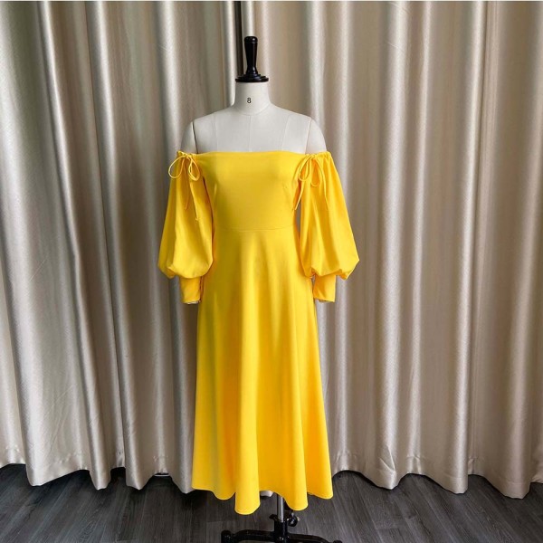Solid color large skirt, off-the-shoulder waist, large size women's dress