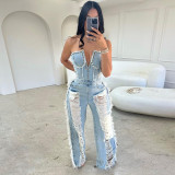 Denim wash V-neck open back fringe fashion jumpsuit
