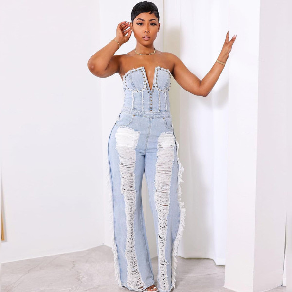 Denim wash V-neck open back fringe fashion jumpsuit