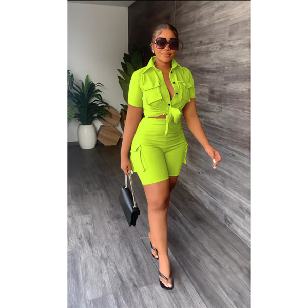 Shirt short sleeve shorts solid color two-piece set