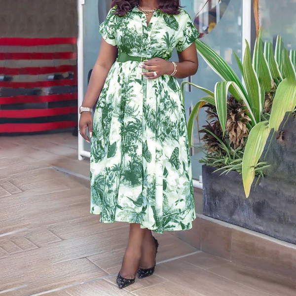 Button print short sleeve high waist large dress