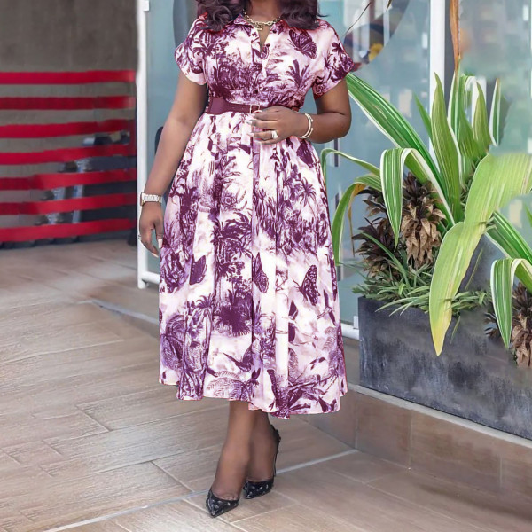 Button print short sleeve high waist large dress