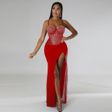 Hip wrap dress with suspender, high slit, hot diamond sexy nightclub dress
