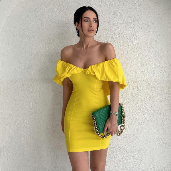 Temperament shrink pleated off shoulder slim wrap hip skirt design sense dress
