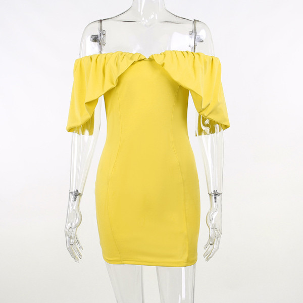 Temperament shrink pleated off shoulder slim wrap hip skirt design sense dress