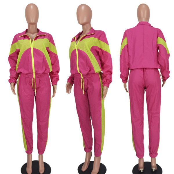 Casual fashion color blocking cardigan two-piece set