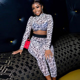 Fashion letter printing long-sleeved shirt and trousers sports suit with exposed navel