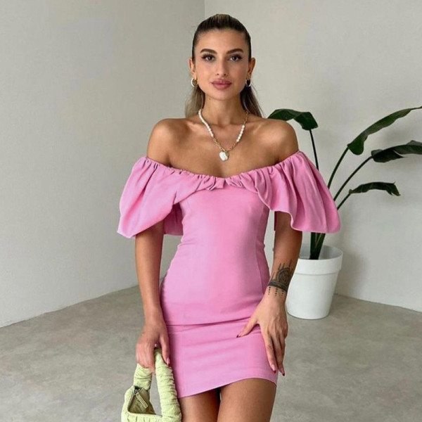 Temperament shrink pleated off shoulder slim wrap hip skirt design sense dress