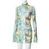 Mesh print round neck flare sleeve side open buttock dress