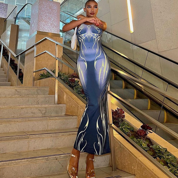 Strap long dress digital print sexy hot girl pencil skirt skinny slim skirt