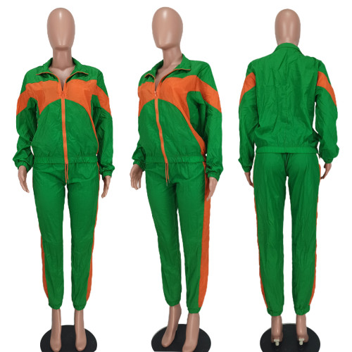 Casual fashion color blocking cardigan two-piece set