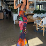 Sexy deep V-neck lace patchwork printed drawstring long dress Spicy girls backless holiday dress