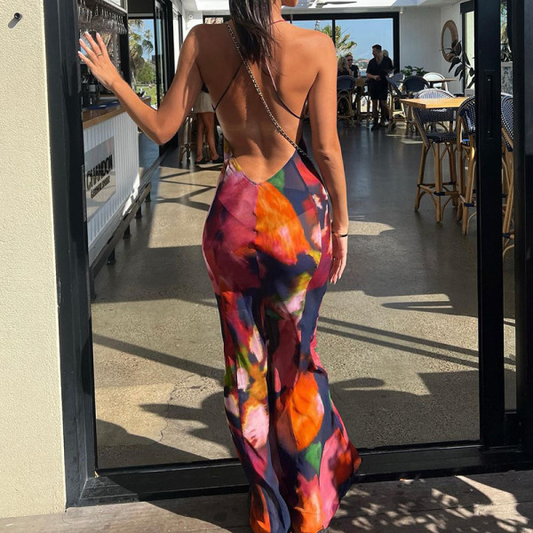 Sexy deep V-neck lace patchwork printed drawstring long dress Spicy girls backless holiday dress