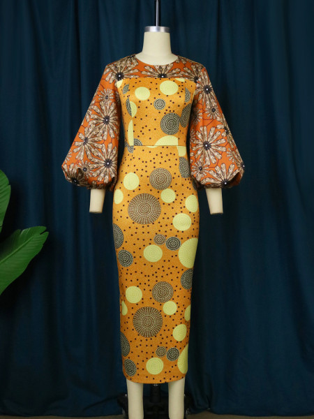Polka dot round neck dress casual commuting printed lantern sleeve one-step skirt