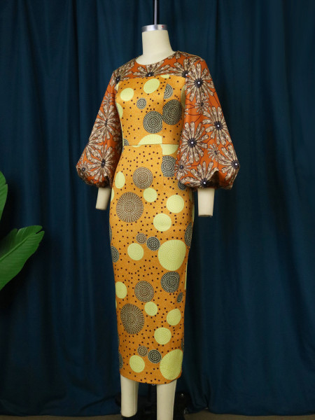 Polka dot round neck dress casual commuting printed lantern sleeve one-step skirt