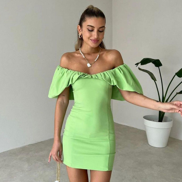 Temperament shrink pleated off shoulder slim wrap hip skirt design sense dress
