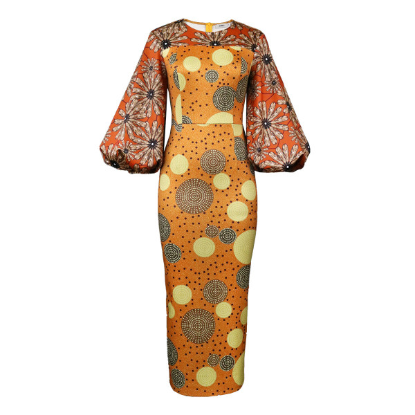 Polka dot round neck dress casual commuting printed lantern sleeve one-step skirt