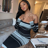 Fashion tight-fitting dress Women's sexy breast wrap buttock striped dress