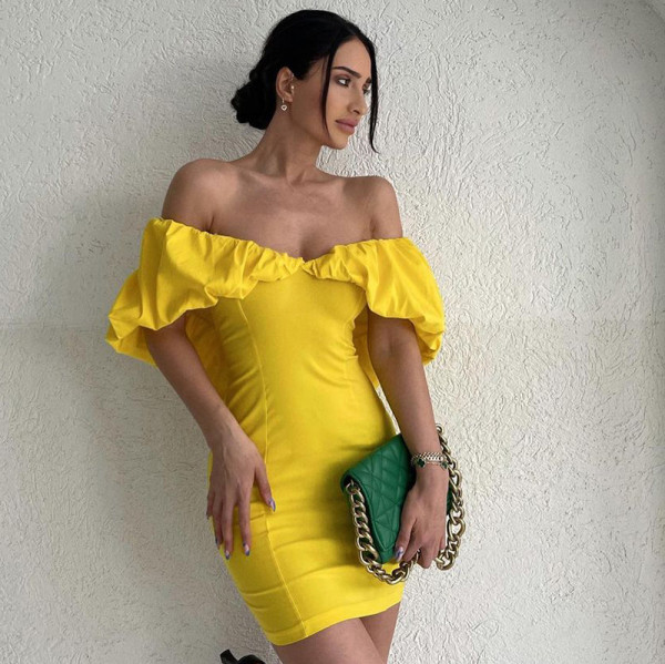 Temperament shrink pleated off shoulder slim wrap hip skirt design sense dress