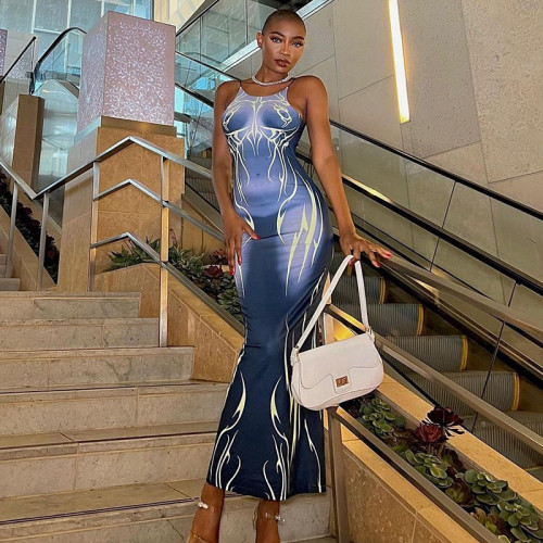 Strap long dress digital print sexy hot girl pencil skirt skinny slim skirt