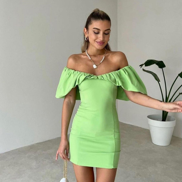 Temperament shrink pleated off shoulder slim wrap hip skirt design sense dress