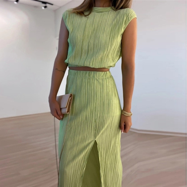 Pleated half high collar short shirt high waist split mid-length skirt two-piece set