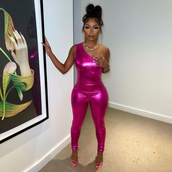 Women's sexy glossy imitation leather one-shoulder top with high waist and buttocks trousers suit