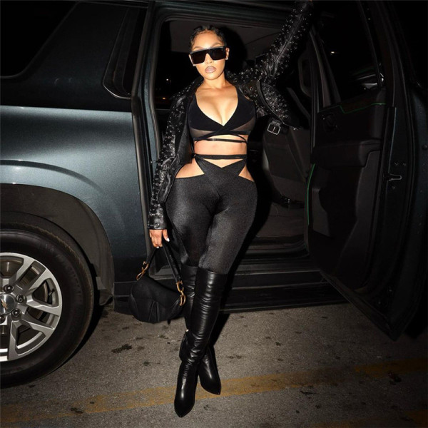 Women's new sexy hollowed-out mesh stitching high waist tights casual sports suit