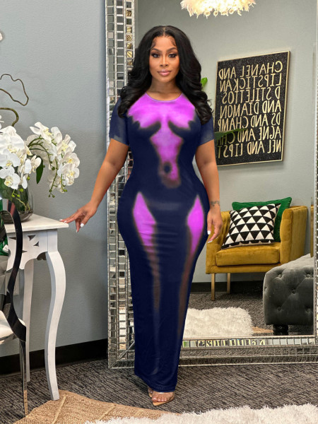 Full-body positioning printing sexy short-sleeved dress