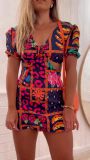 V-neck short sleeve back lace-up open back dress short skirt